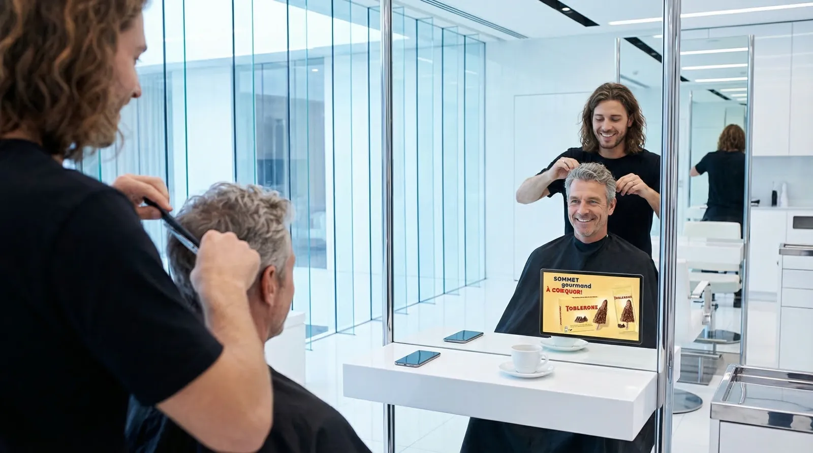 Mann, 50 im Coiffeursalon, auf dem Screen der Spot von Mondelez (Oreo, Milka, Toblerone)