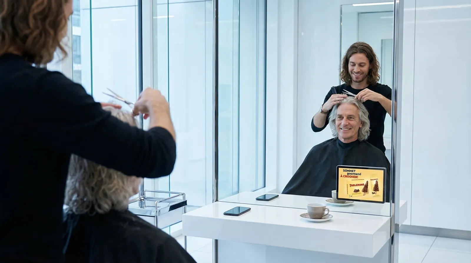 Mann, 60 im Coiffeursalon, auf dem Screen der Spot von Mondelez (Oreo, Milka, Toblerone)