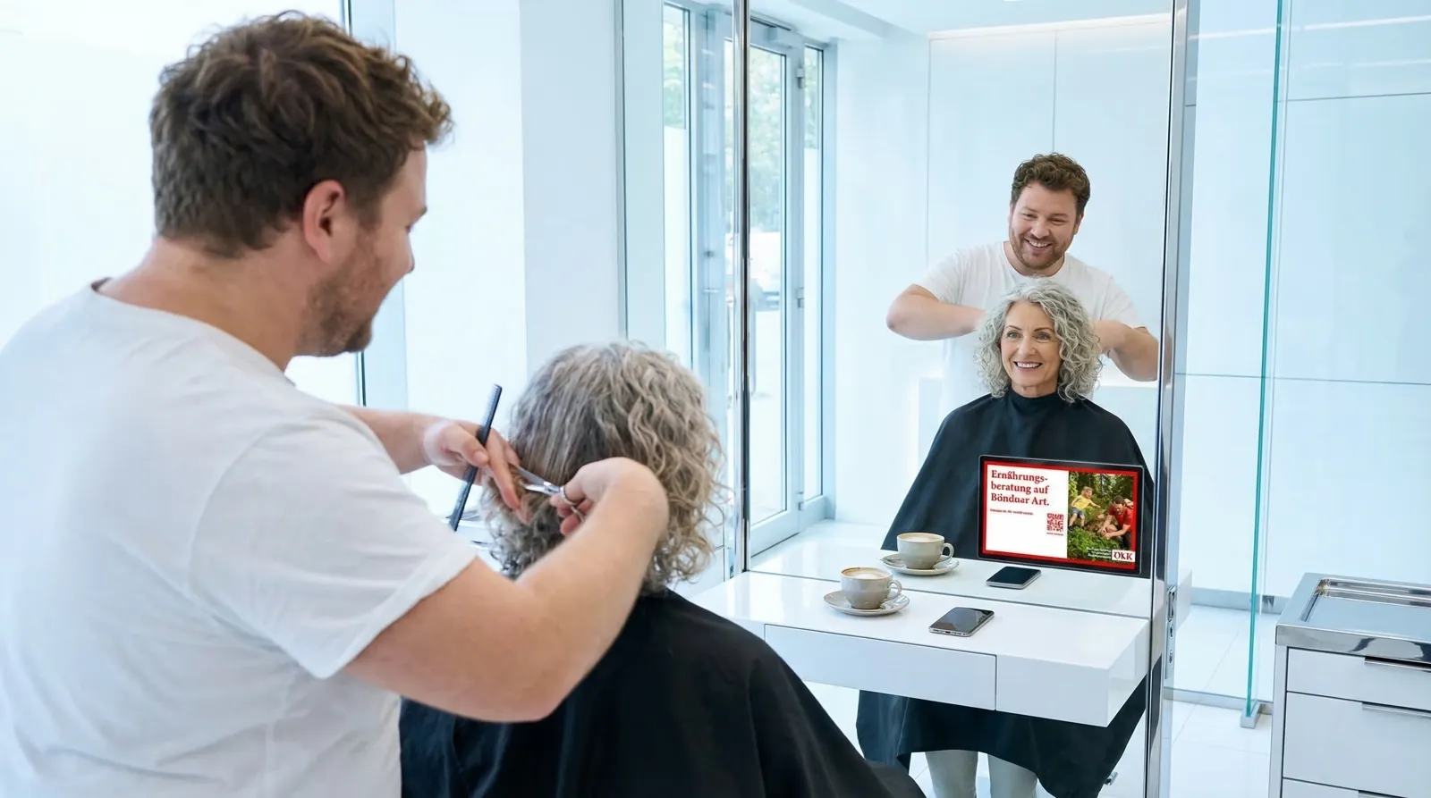 Frau, 60 im Salon und im Studio, auf dem Screen die Werbung von ÖKK
