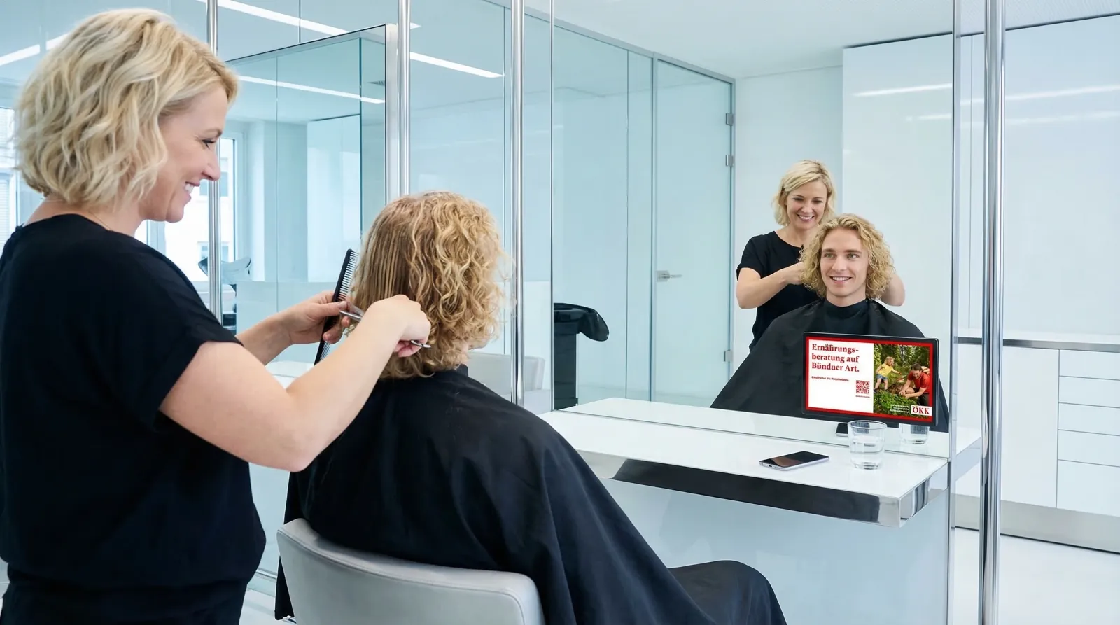 Mann, 20 im Salon und im Studio, auf dem Screen die Werbung von ÖKK