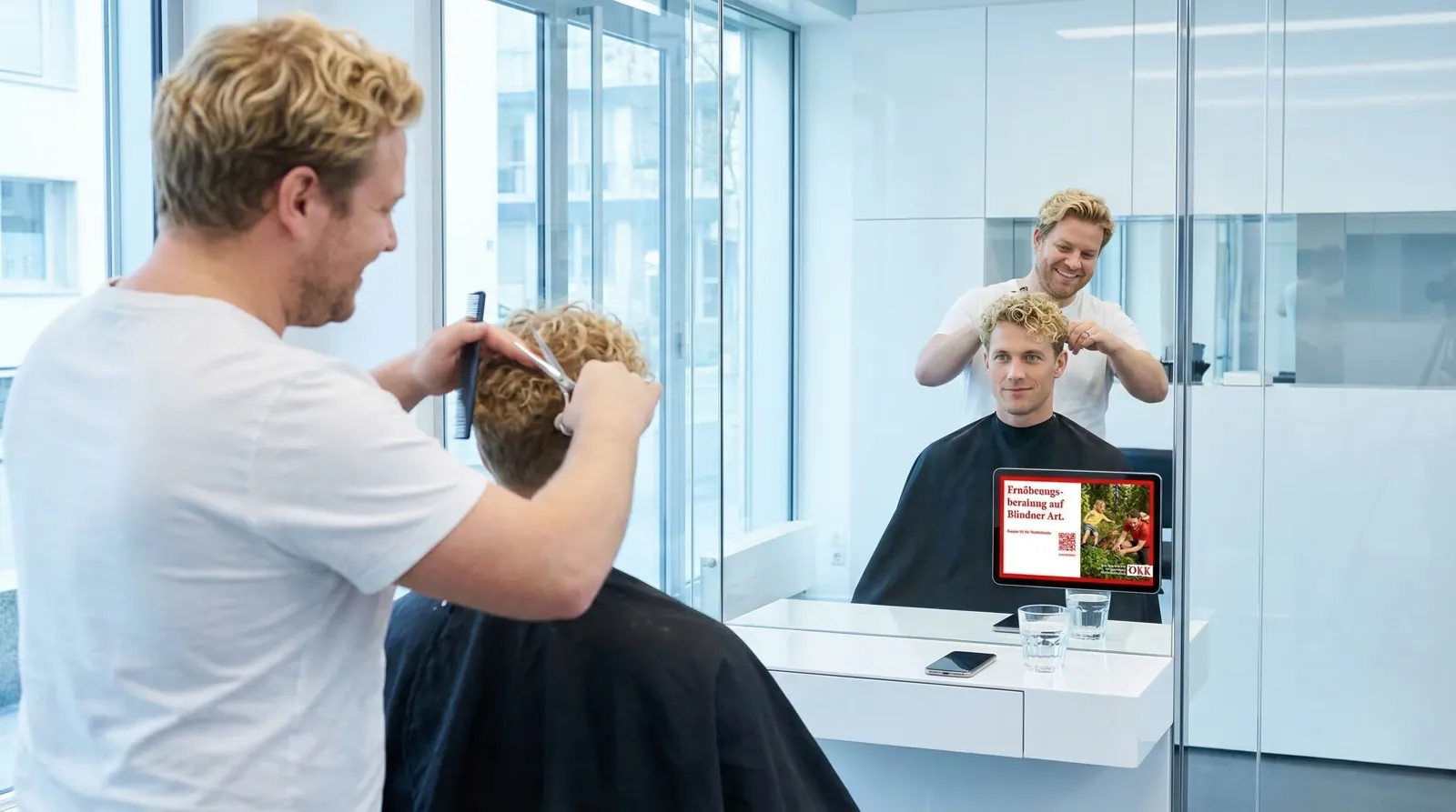 Mann, 30 im Salon und im Studio, auf dem Screen die Werbung von ÖKK