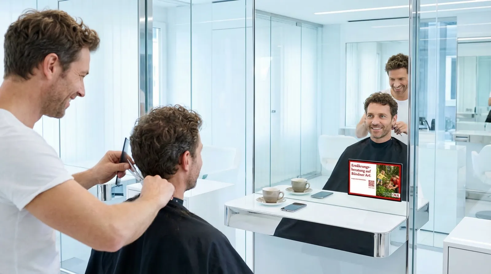 Mann, 40 im Coiffeursalon, auf dem Screen der Spot von ÖKK
