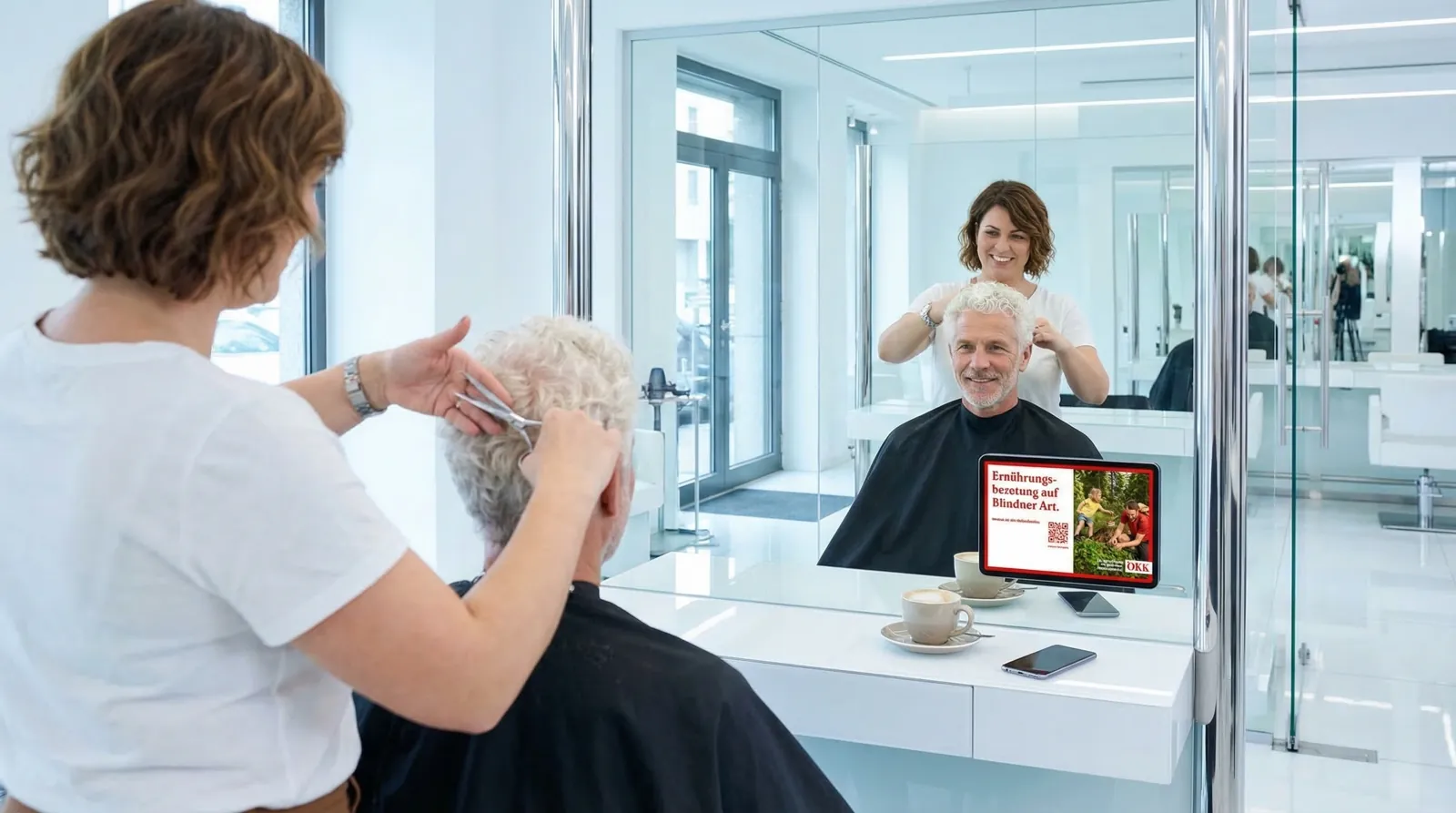Mann, 50 im Coiffeursalon, auf dem Screen der Spot von ÖKK