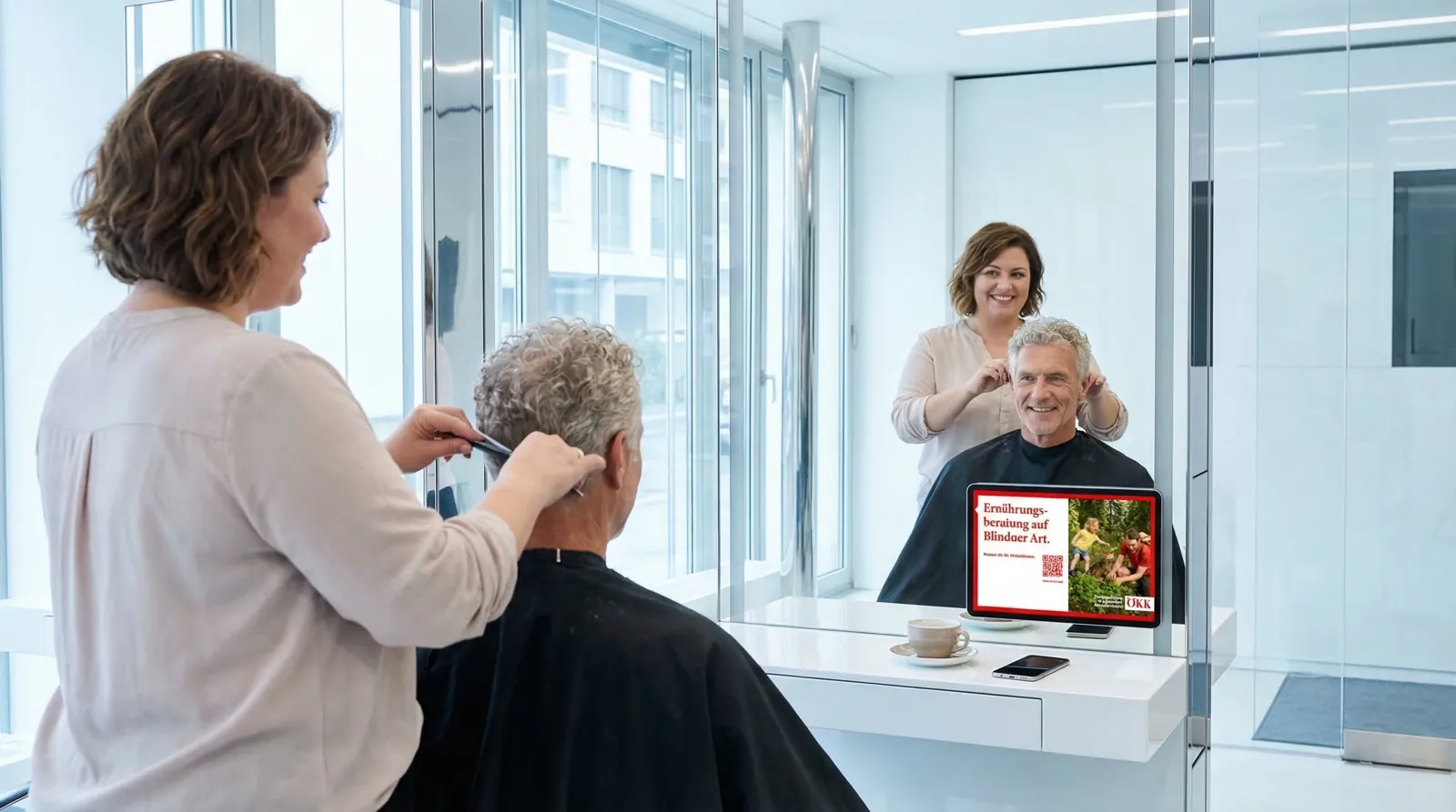 Mann, 60 im Coiffeursalon, auf dem Screen der Spot von ÖKK
