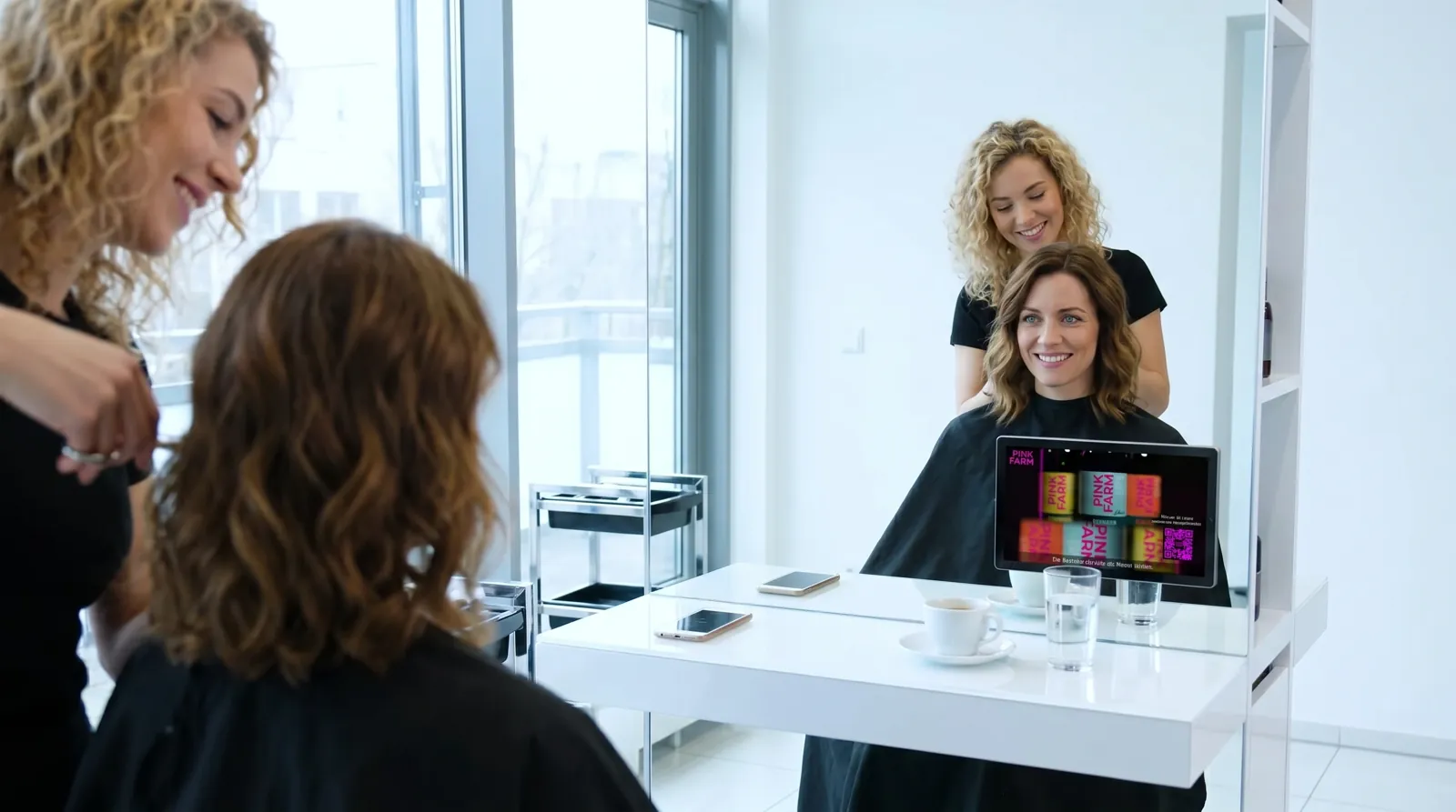 Frau, 30 im Coiffeursalon, auf dem Screen der Spot von Pinkfarm