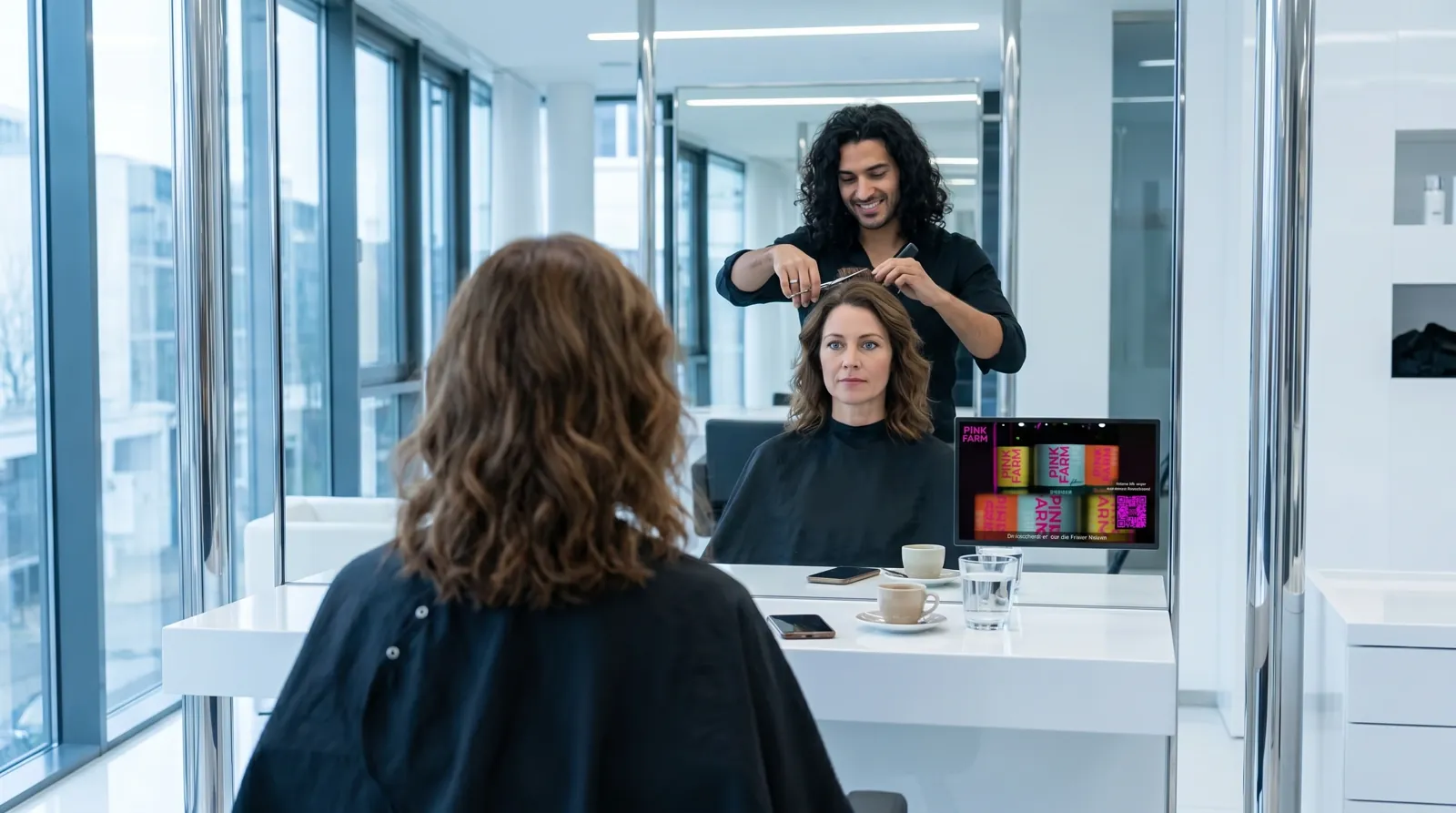 Frau, 40 im Coiffeursalon, auf dem Screen der Spot von Pinkfarm