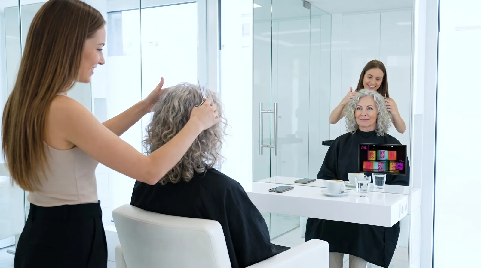 Frau, 50 im Coiffeursalon, auf dem Screen der Spot von Pinkfarm