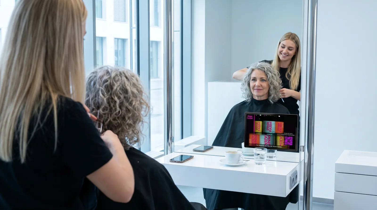 Frau, 60 im Coiffeursalon, auf dem Screen der Spot von Pinkfarm