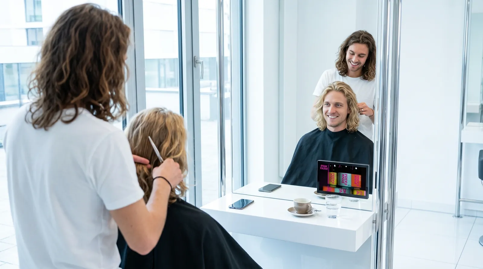 Mann, 20 im Coiffeursalon, auf dem Screen der Spot von Pinkfarm