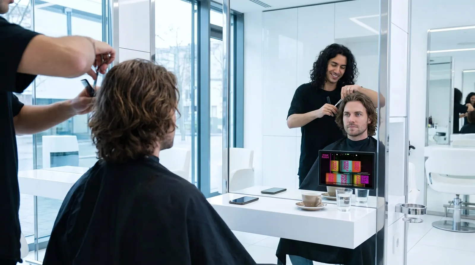 Mann, 30 im Coiffeursalon, auf dem Screen der Spot von Pinkfarm