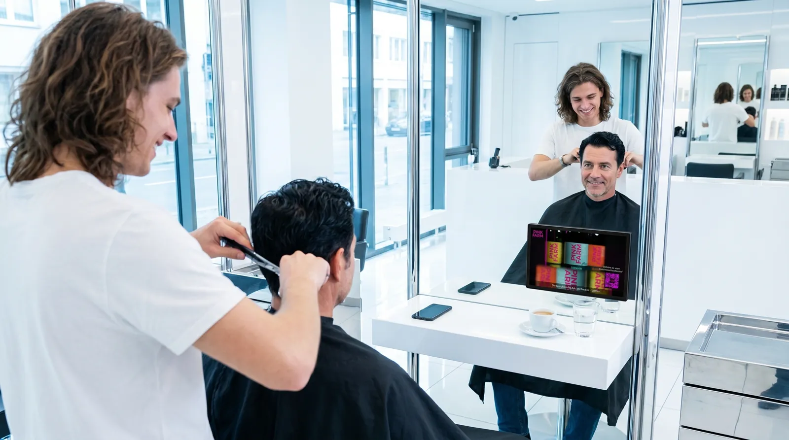 Mann, 50 im Coiffeursalon, auf dem Screen der Spot von Pinkfarm