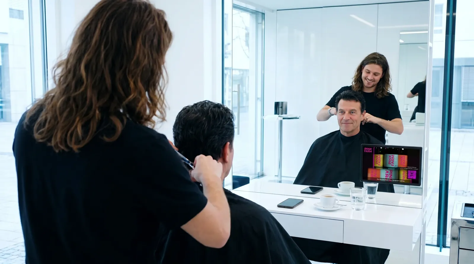 Mann, 60 im Coiffeursalon, auf dem Screen der Spot von Pinkfarm