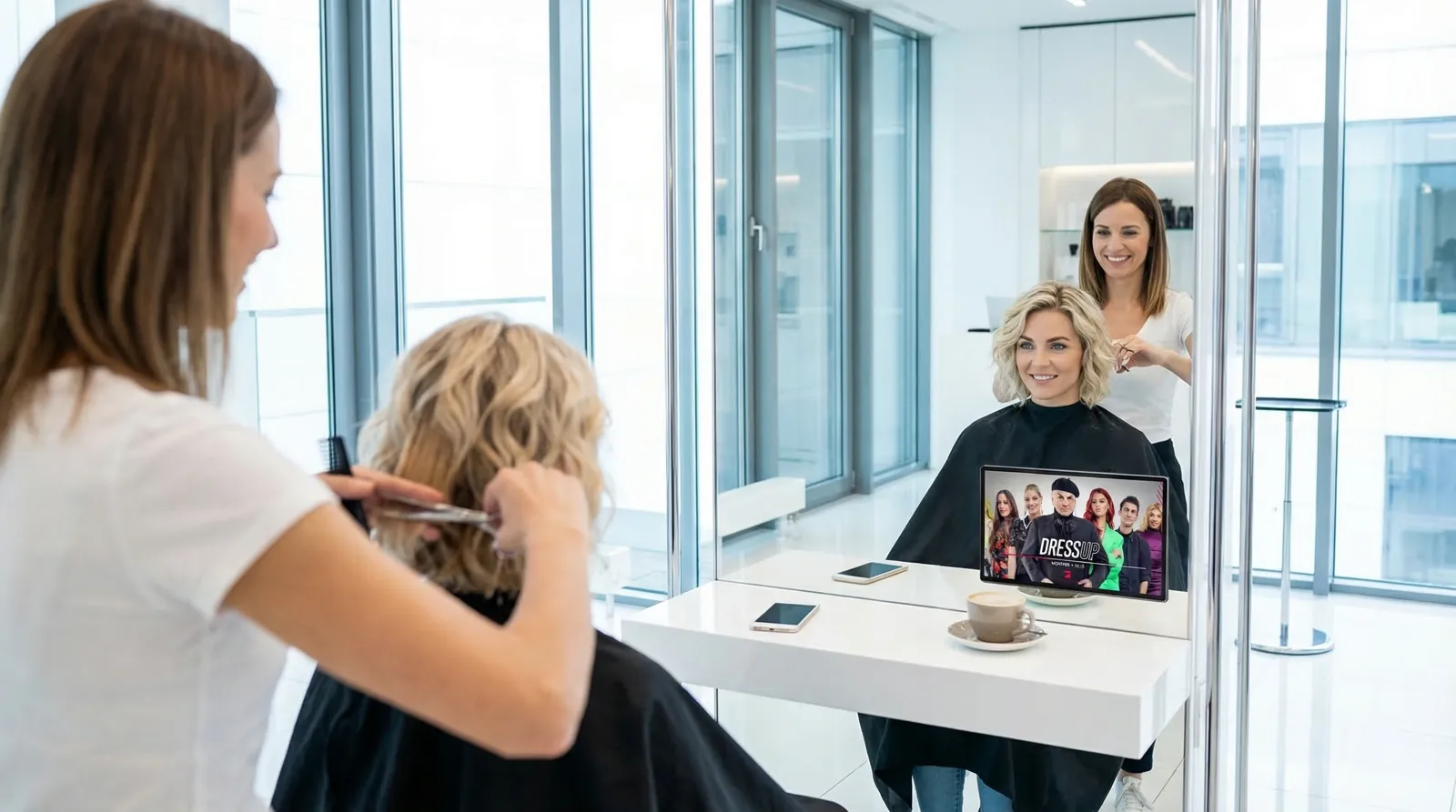 Frau, 20 im Coiffeursalon, auf dem Screen die Werbung von PRO7
