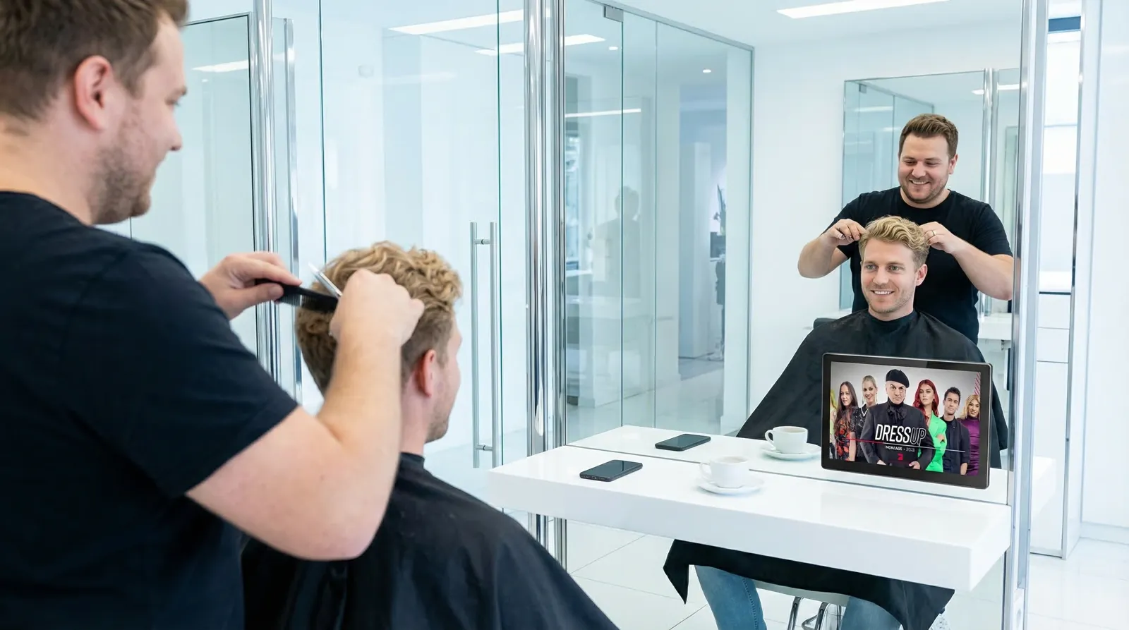Mann, 30 im Coiffeursalon, auf dem Screen der Spot von PRO7