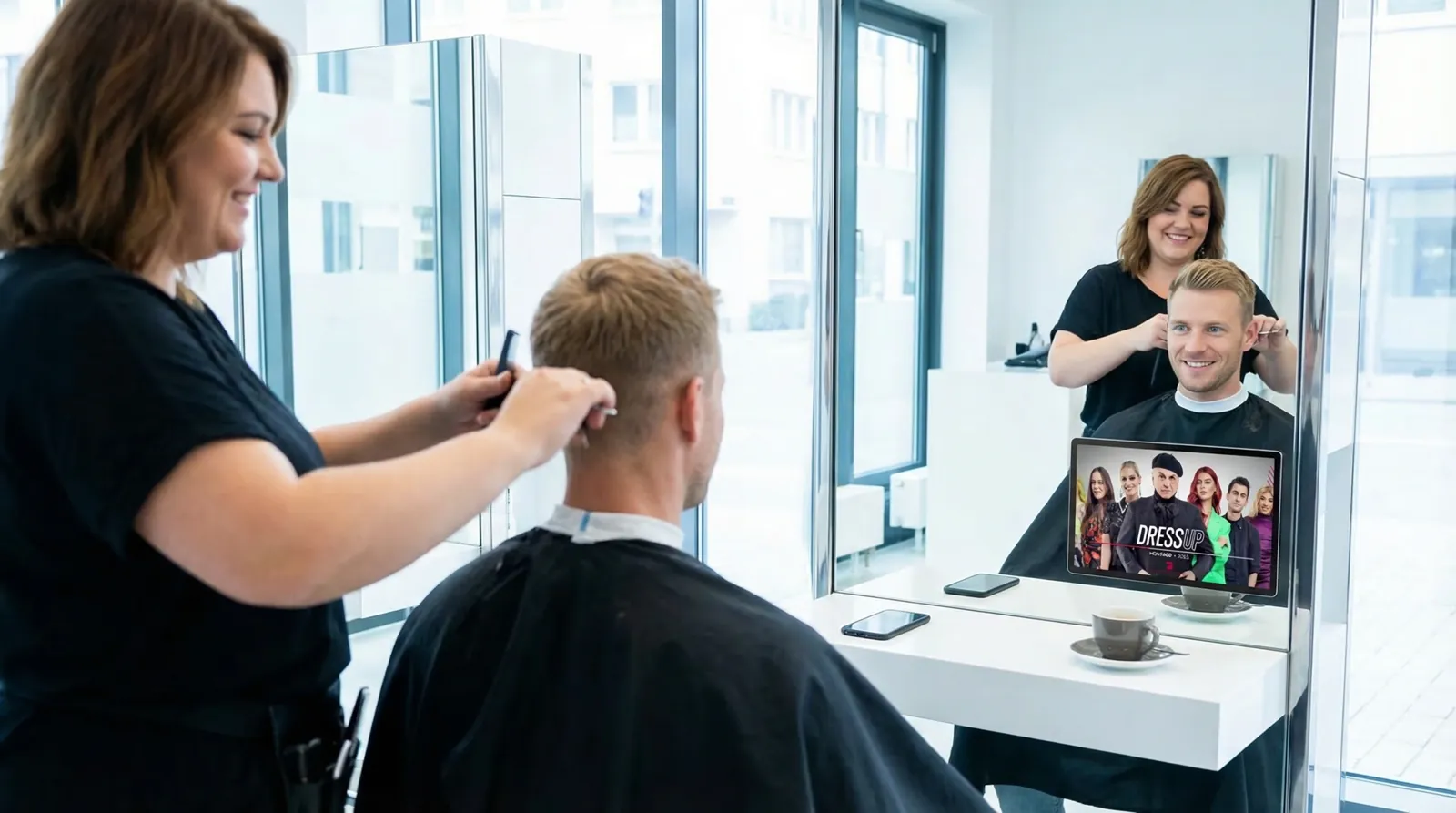 Mann, 40 im Coiffeursalon, auf dem Screen der Spot von PRO7