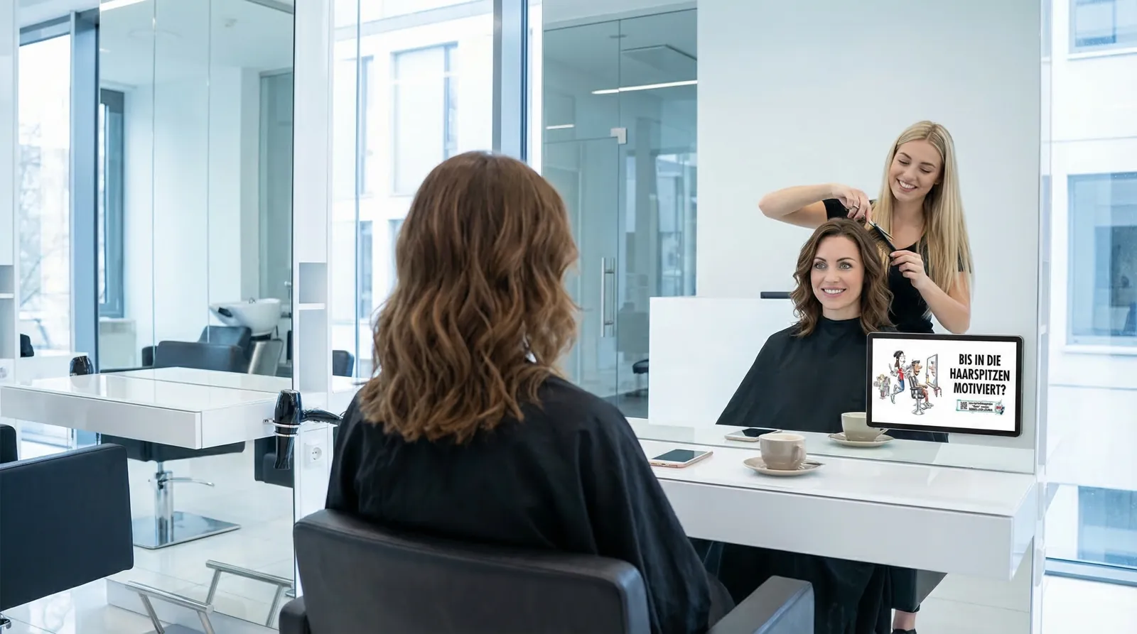 Frau, 30 im Coiffeursalon, auf dem Screen die Werbung von Red Bull