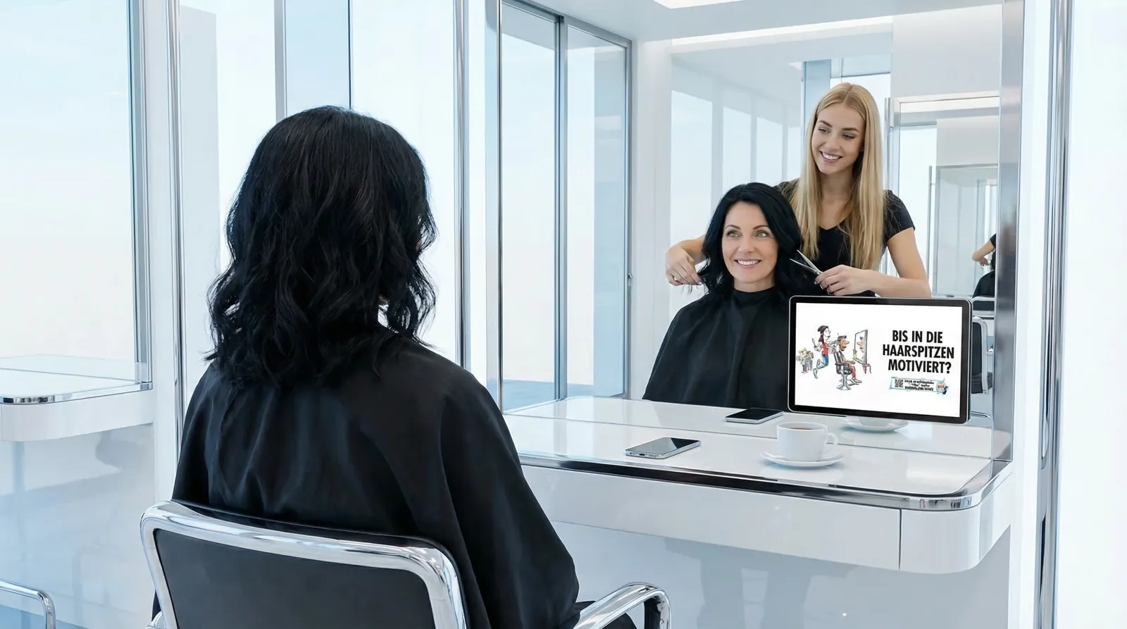 Frau, 50 im Coiffeursalon, auf dem Screen die Werbung von Red Bull
