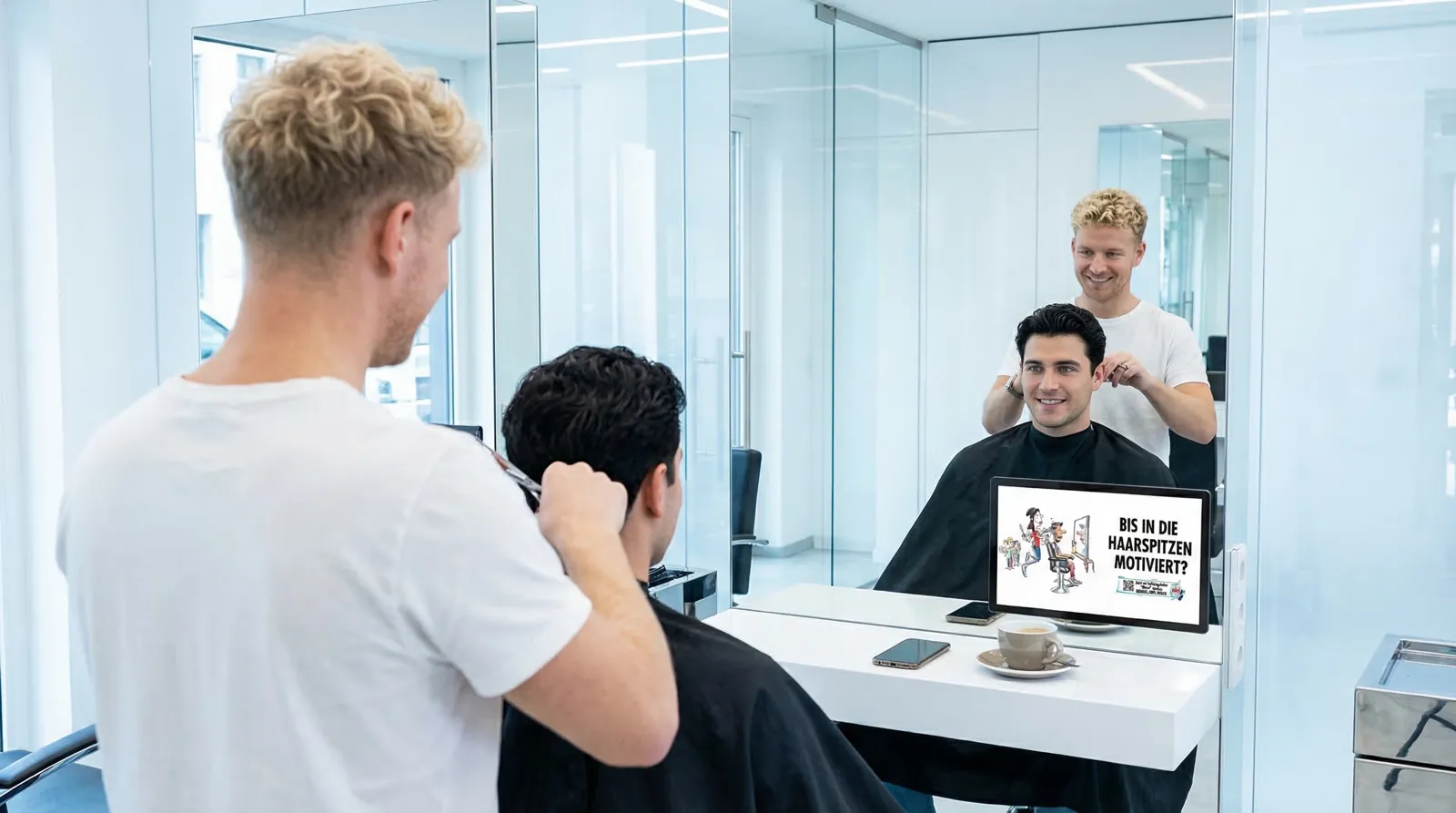 Mann, 20 im Coiffeursalon, auf dem Screen die Werbung von Red Bull