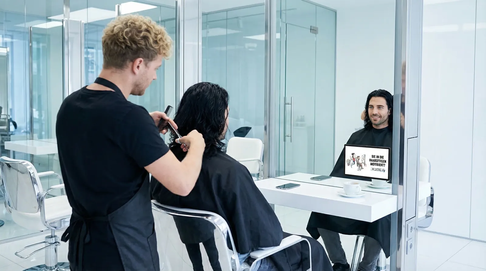 Mann, 30 im Coiffeursalon, auf dem Screen der Spot von Red Bull