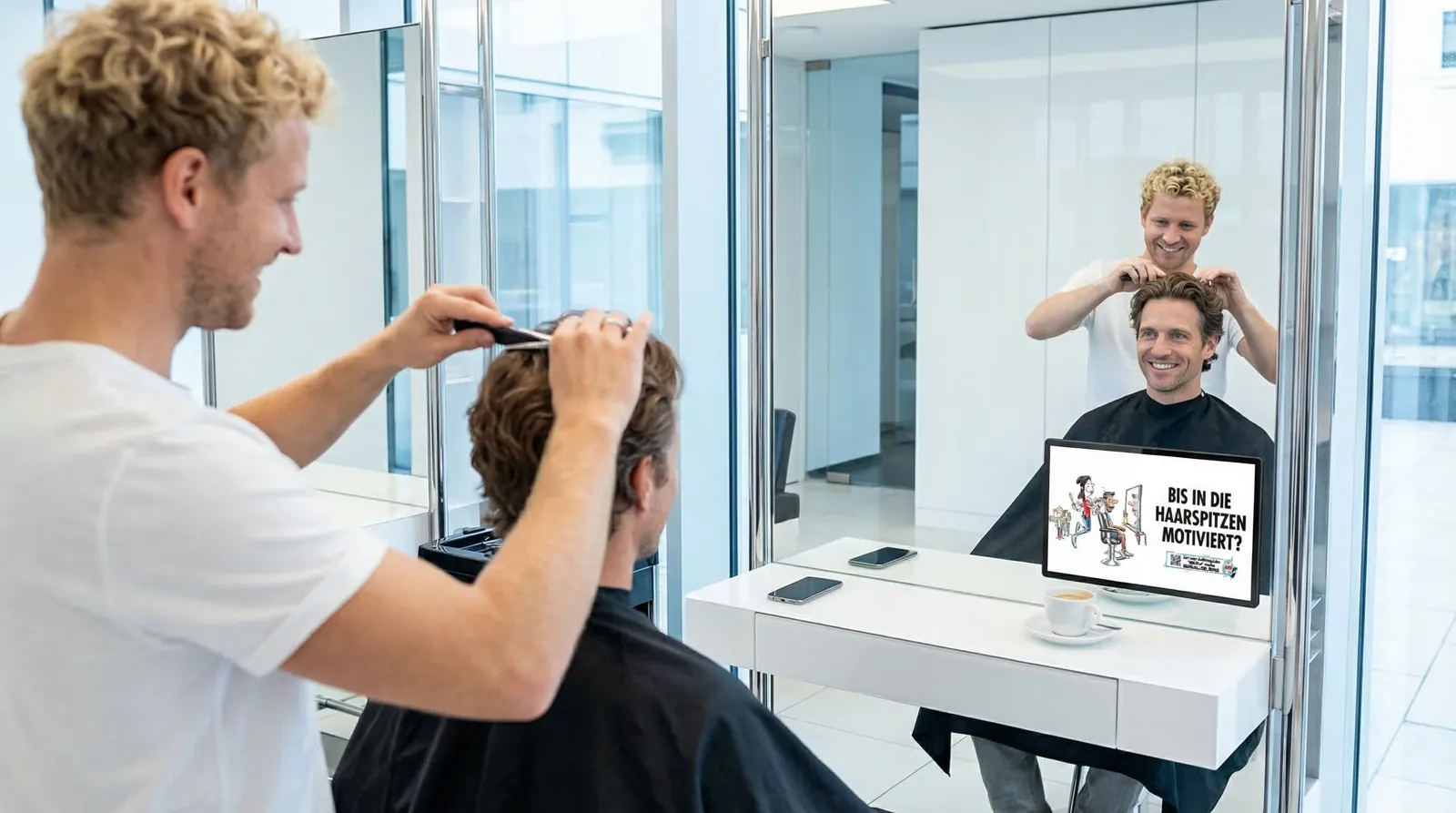 Mann, 40 im Coiffeursalon, auf dem Screen der Spot von Red Bull