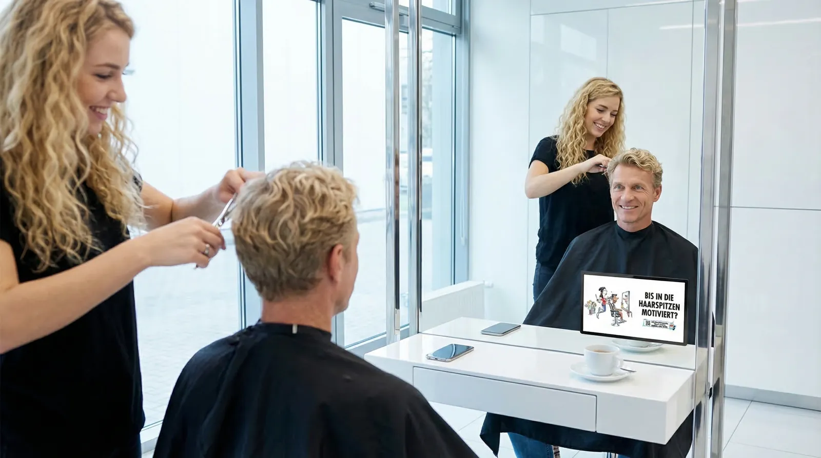 Mann, 50 im Coiffeursalon, auf dem Screen der Spot von Red Bull