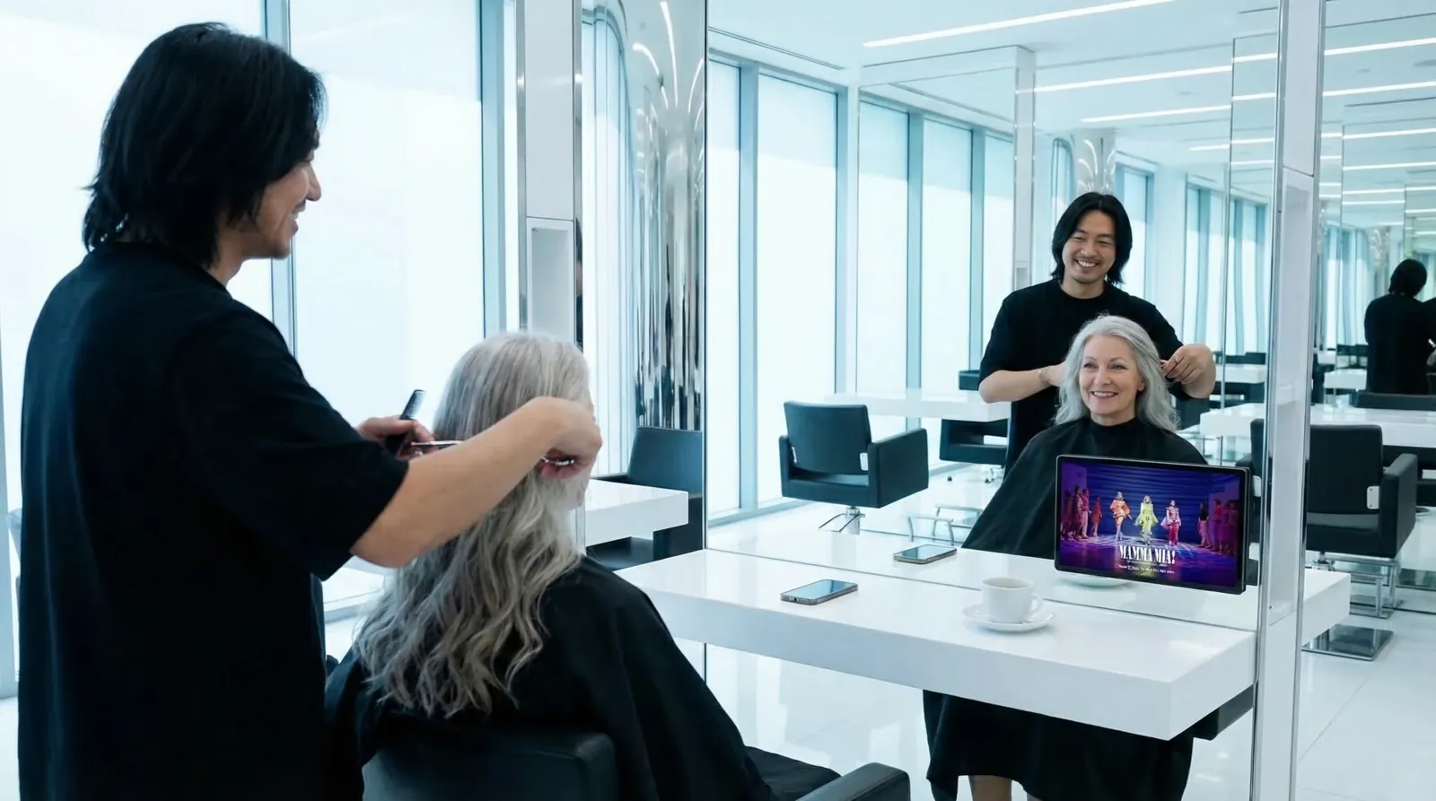 Frau, 60 im Coiffeursalon, auf dem Screen der Spot von Rent a Show (Mamma Mia)