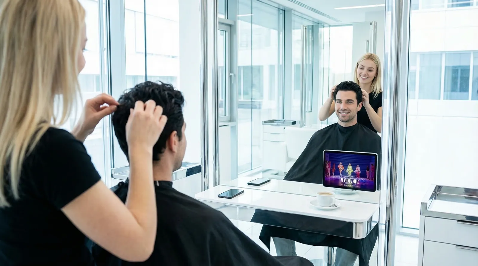 Mann, 30 im Coiffeursalon, auf dem Screen der Spot von Rent a Show (Mamma Mia)