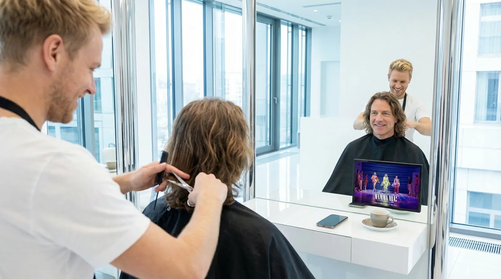 Mann, 50 im Coiffeursalon, auf dem Screen der Spot von Rent a Show (Mamma Mia)