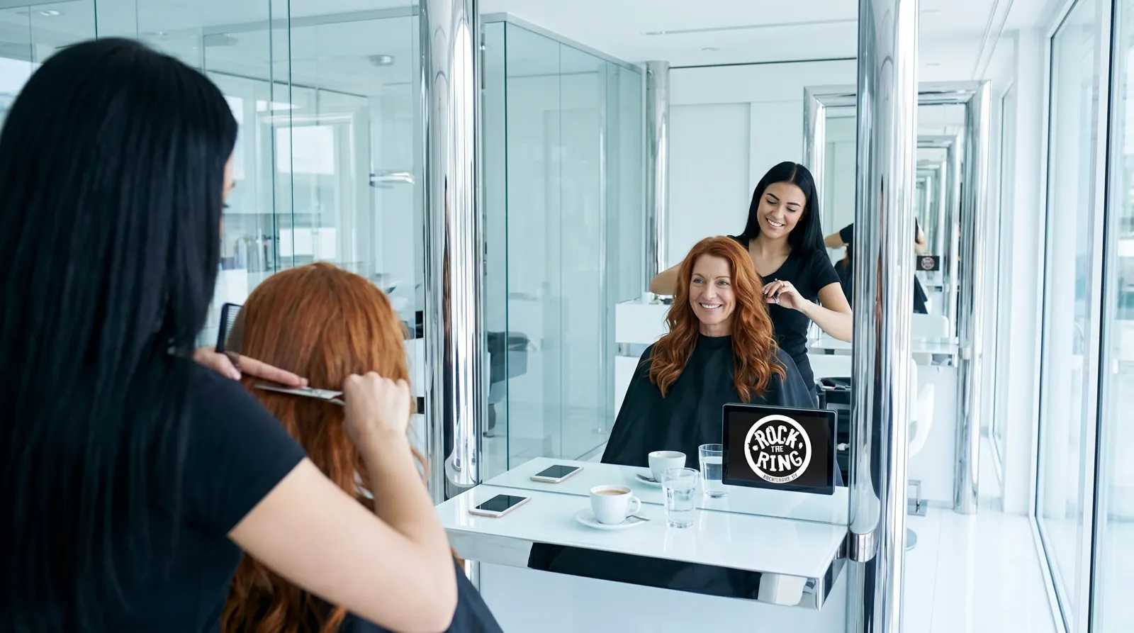 Frau, 50 im Coiffeursalon, auf dem Screen der Spot von Rock the Ring