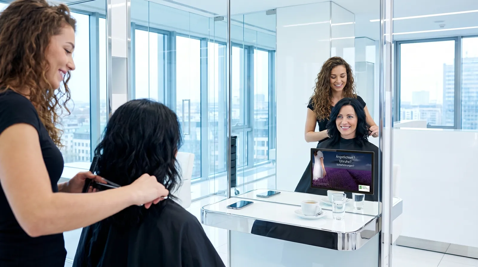 Frau, 30 im Coiffeursalon, auf dem Screen der Spot von Schwabe Pharma