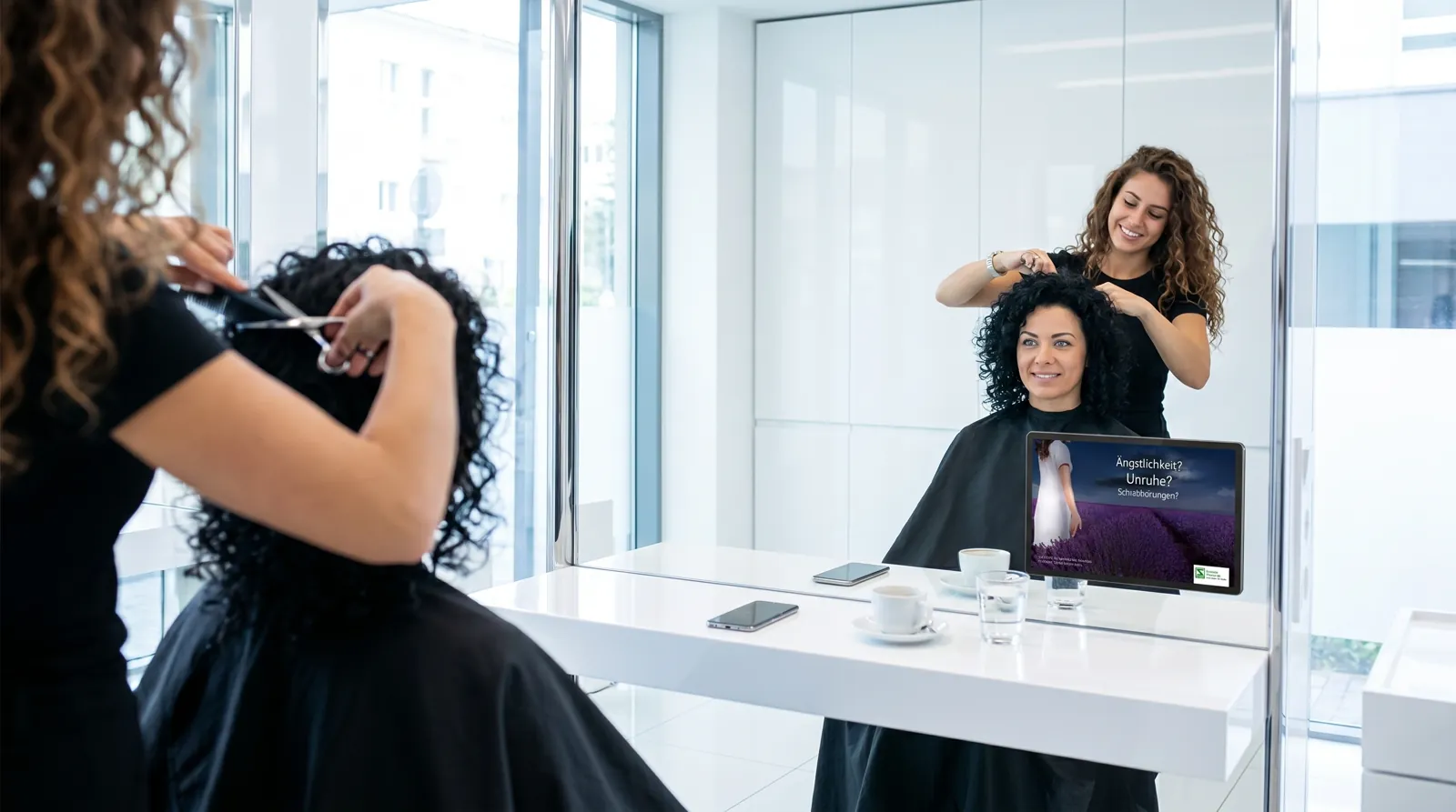 Frau, 40 im Coiffeursalon, auf dem Screen der Spot von Schwabe Pharma