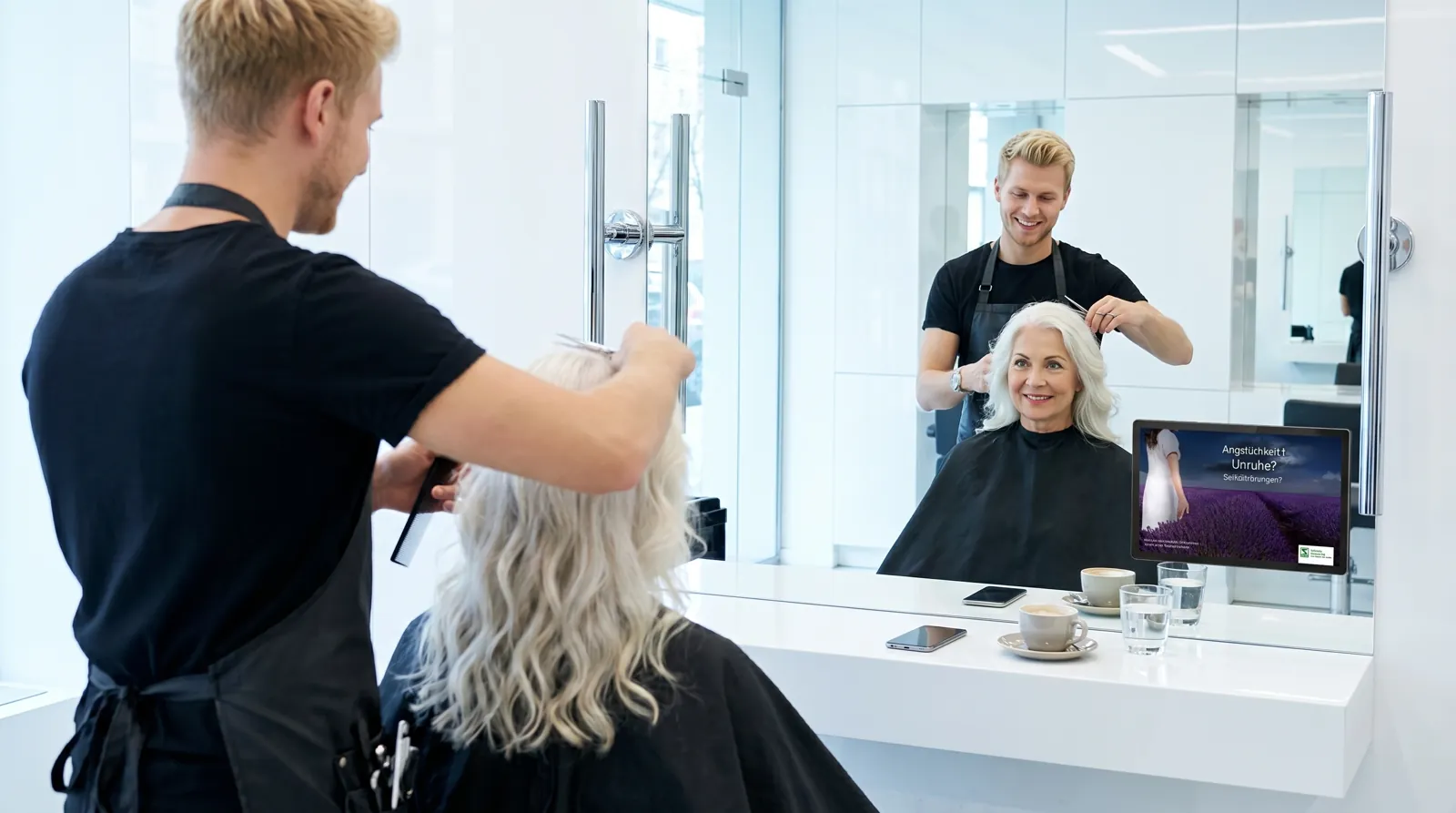 Frau, 60 im Coiffeursalon, auf dem Screen der Spot von Schwabe Pharma