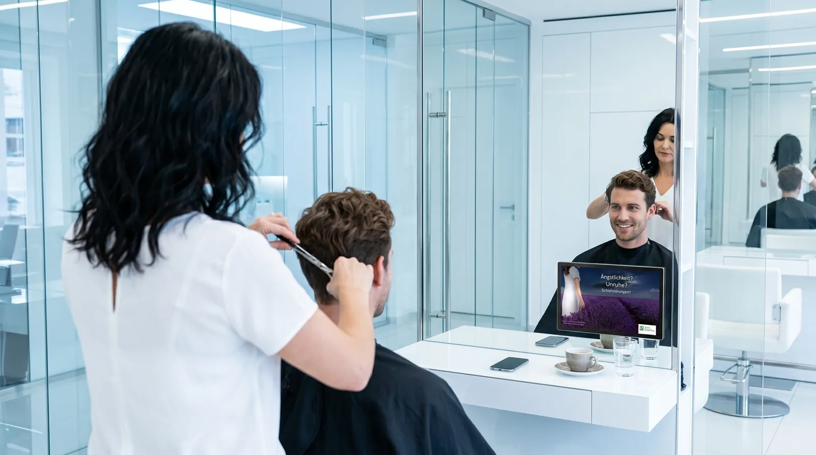 Mann, 30 im Coiffeursalon, auf dem Screen der Spot von Schwabe Pharma