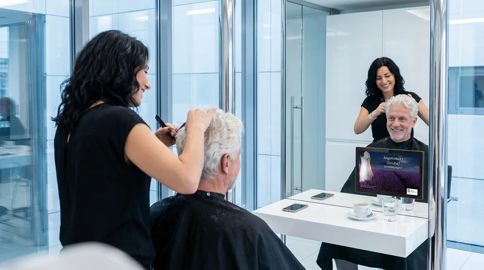 Mann, 60 im Coiffeursalon, auf dem Screen der Spot von Schwabe Pharma