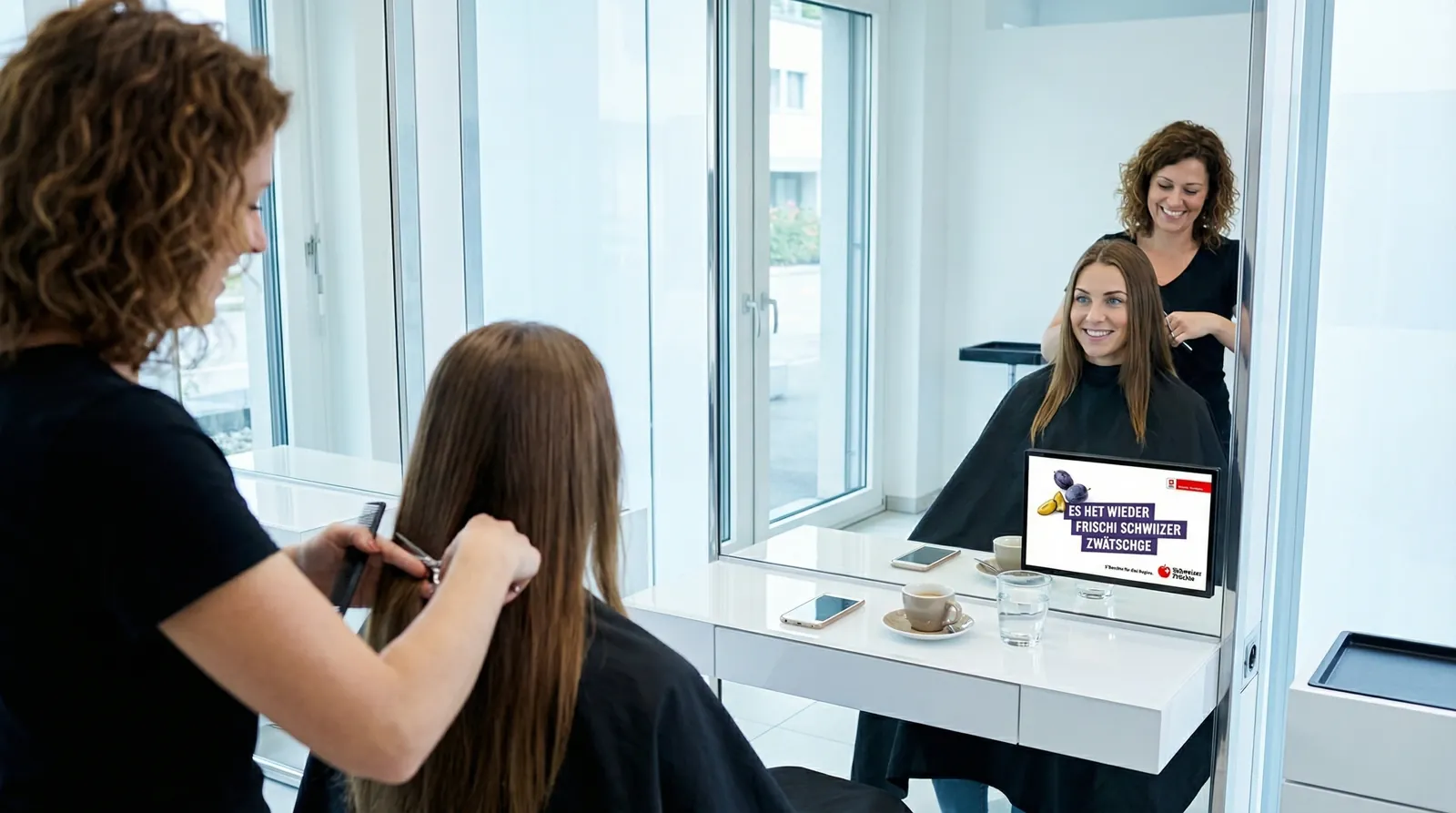 Frau, 30 im Coiffeursalon, auf dem Screen der Spot von Schweizer Früchte