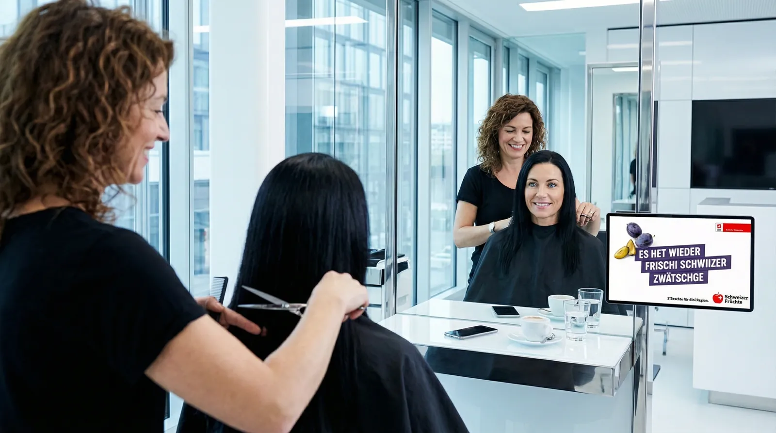 Frau, 40 im Coiffeursalon, auf dem Screen der Spot von Schweizer Früchte