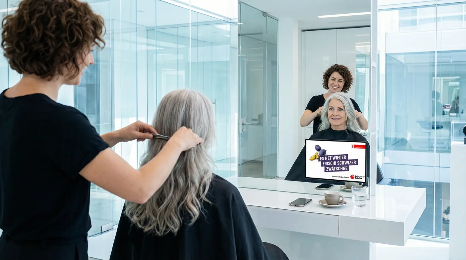 Frau, 60 im Coiffeursalon, auf dem Screen der Spot von Schweizer Früchte