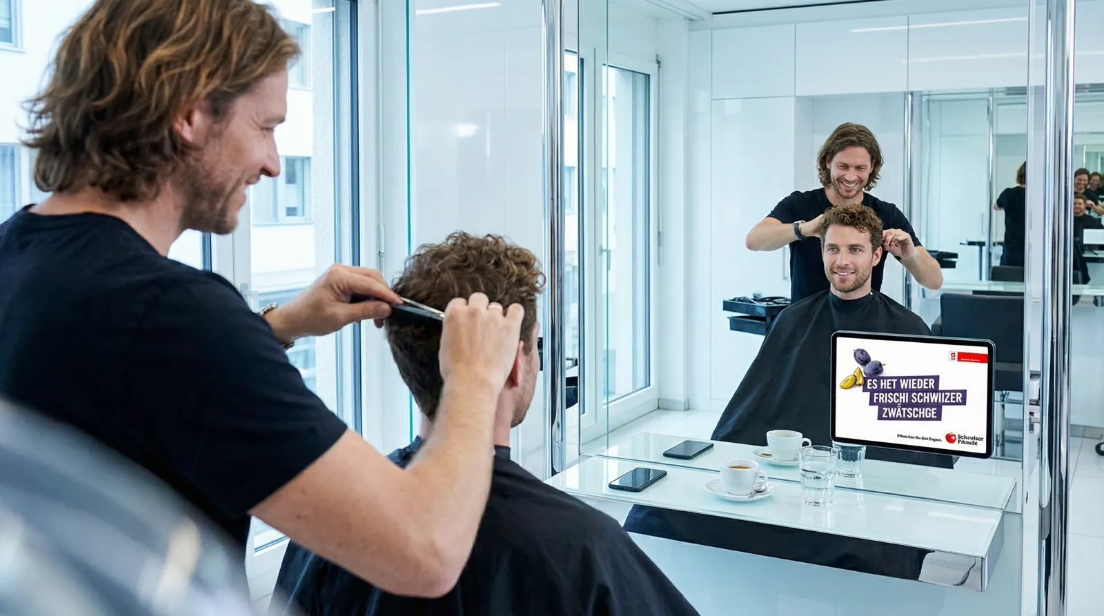 Mann, 20 im Coiffeursalon, auf dem Screen der Spot von Schweizer Früchte