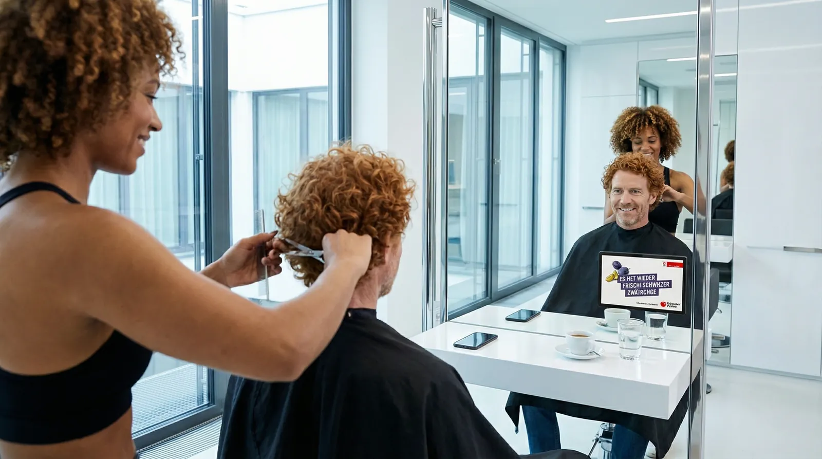 Mann, 50 im Coiffeursalon, auf dem Screen der Spot von Schweizer Früchte