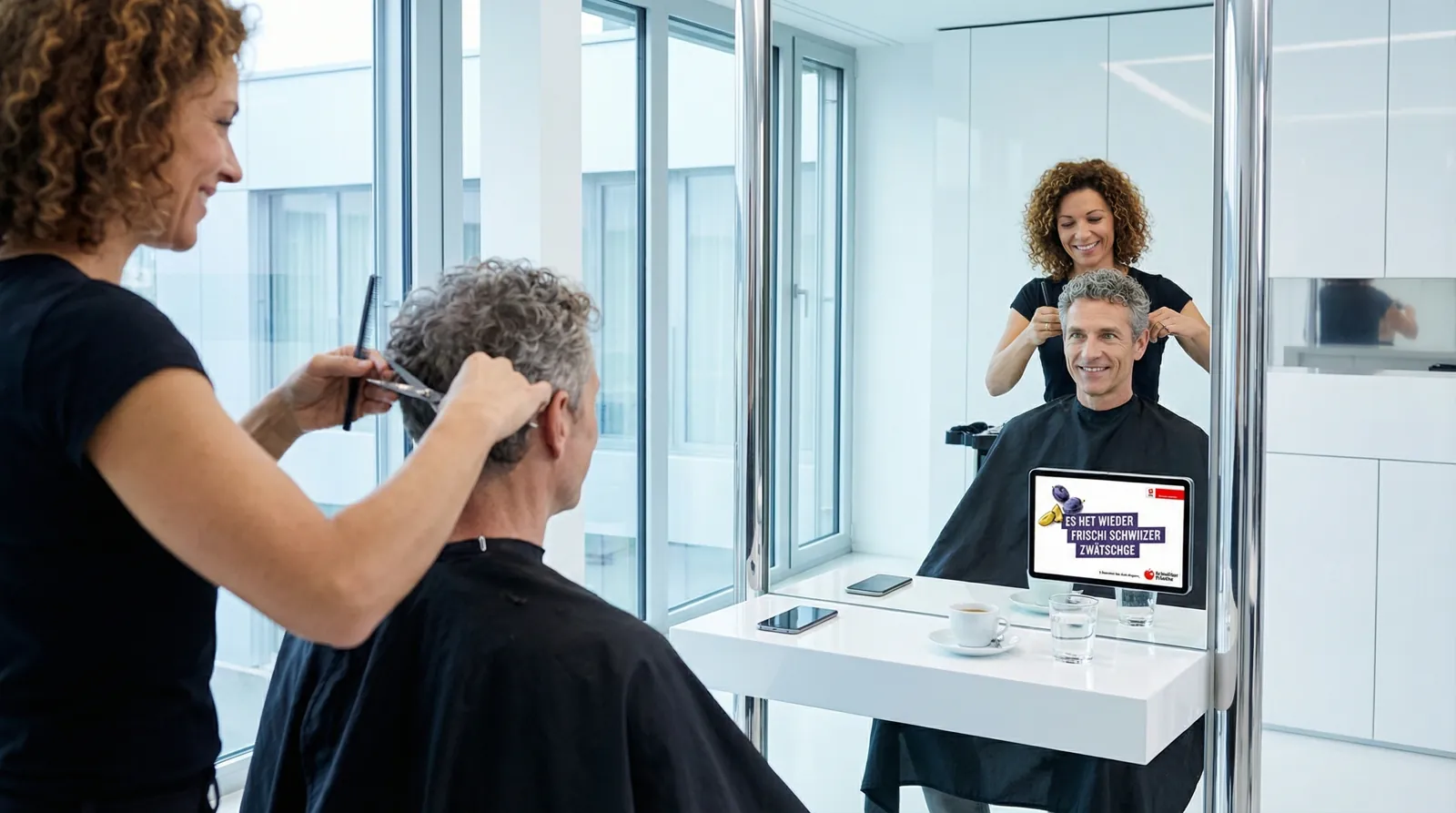Mann, 60 im Coiffeursalon, auf dem Screen der Spot von Schweizer Früchte
