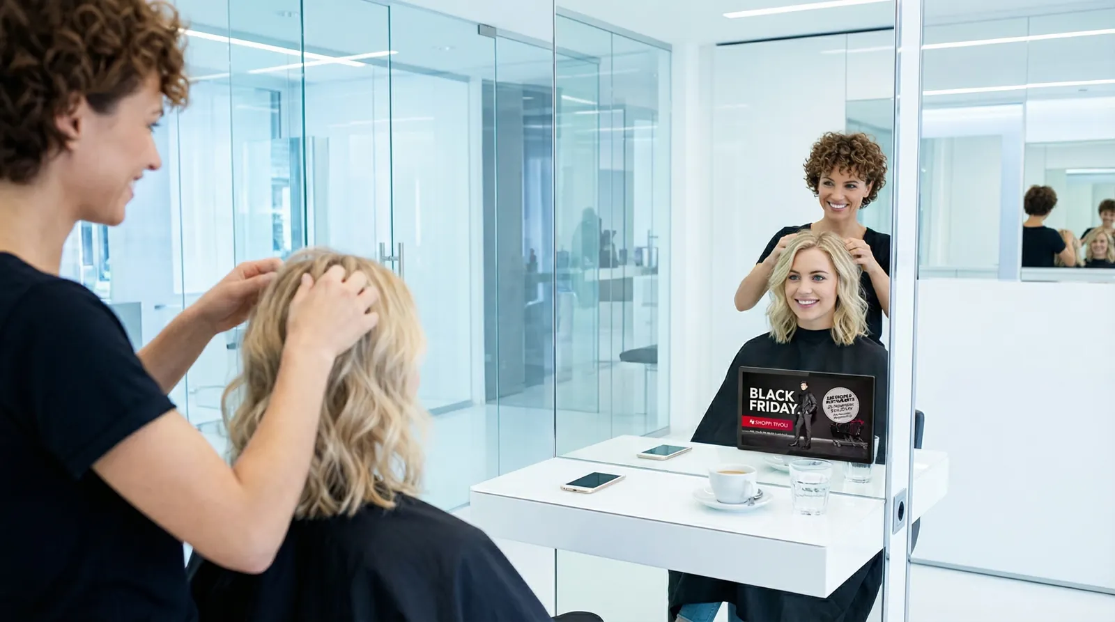Frau, 20 im Coiffeursalon, auf dem Screen die Werbung von Shoppi Tivoli