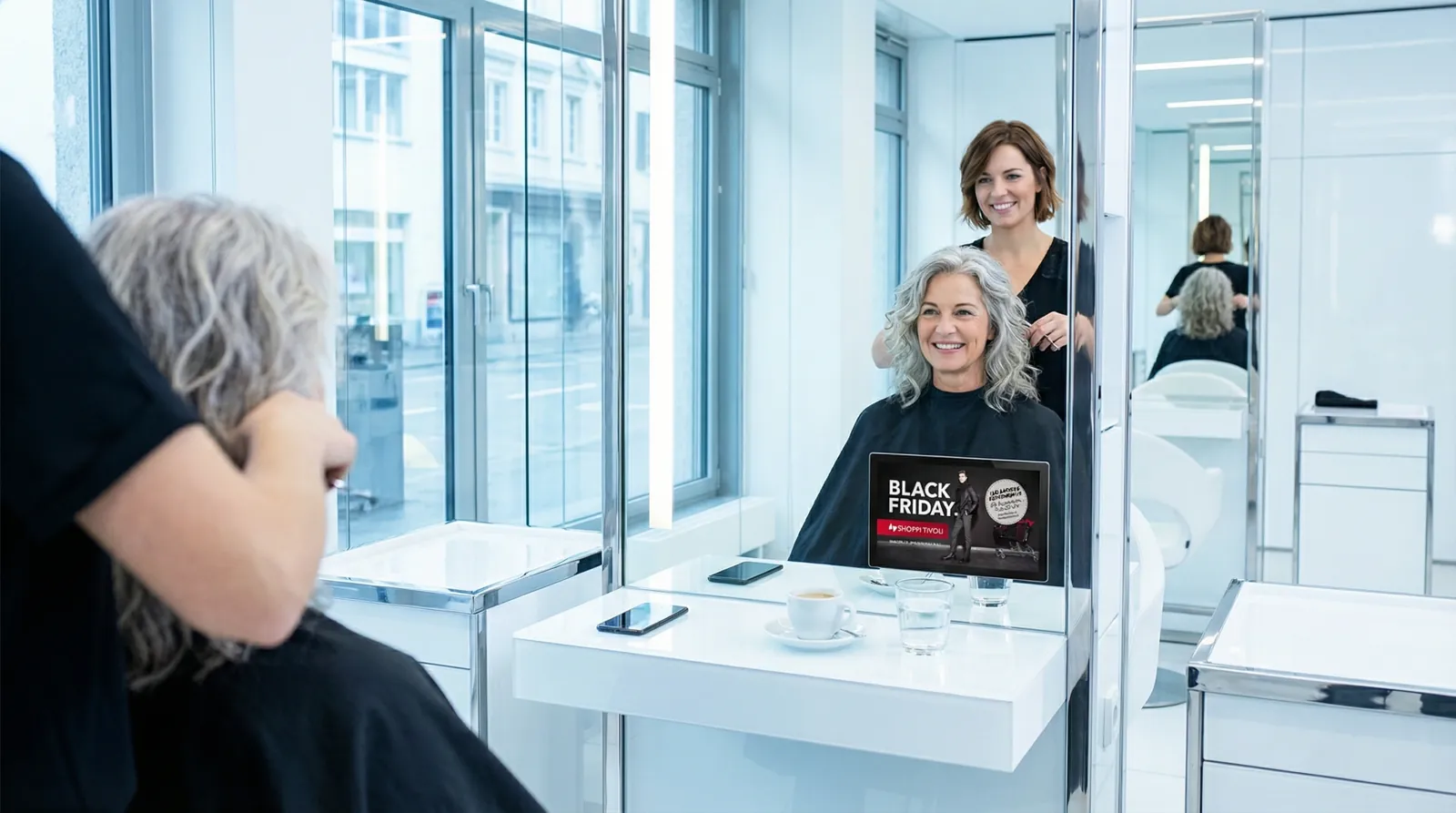 Frau, 50 im Coiffeursalon, auf dem Screen die Werbung von Shoppi Tivoli