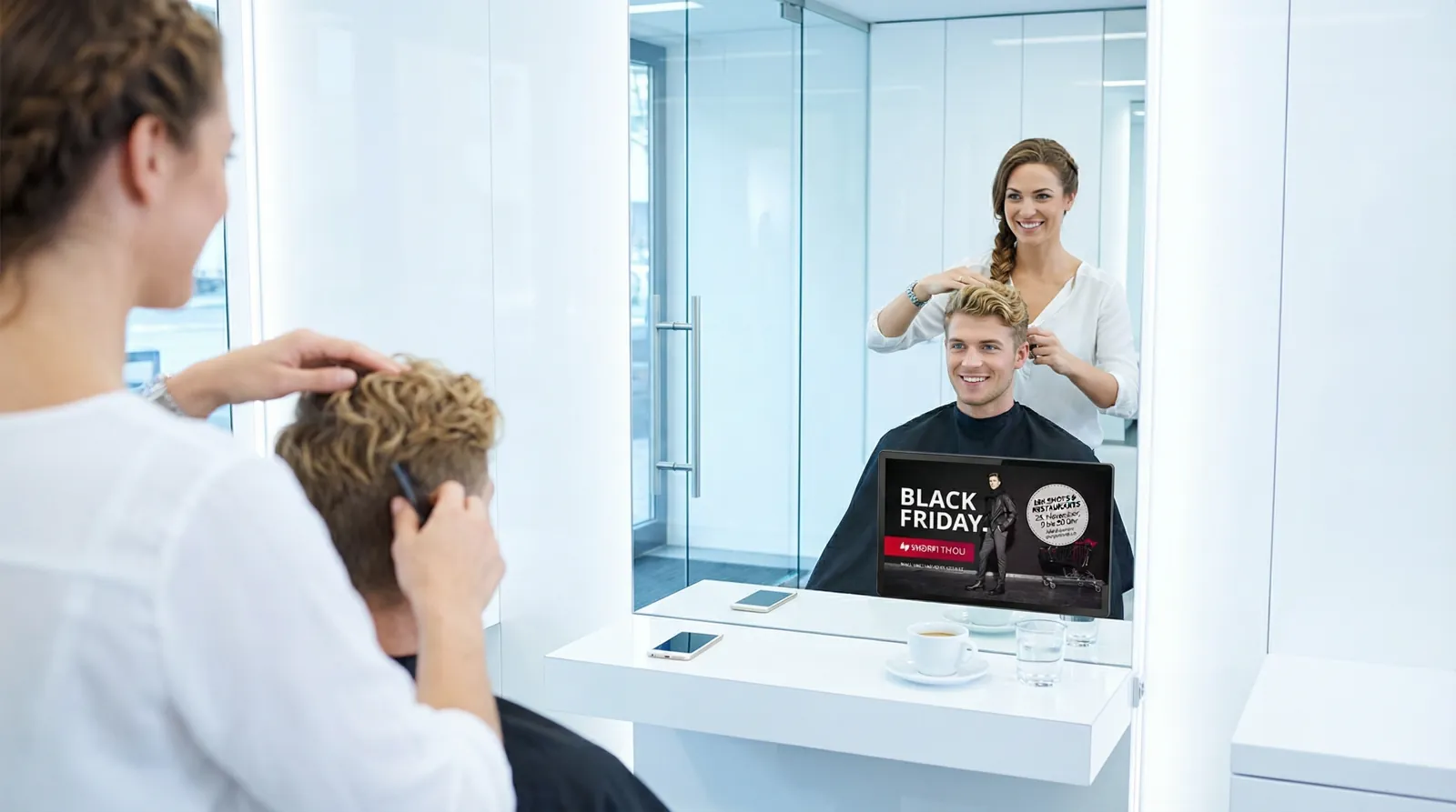 Mann, 20 im Coiffeursalon, auf dem Screen die Werbung von Shoppi Tivoli