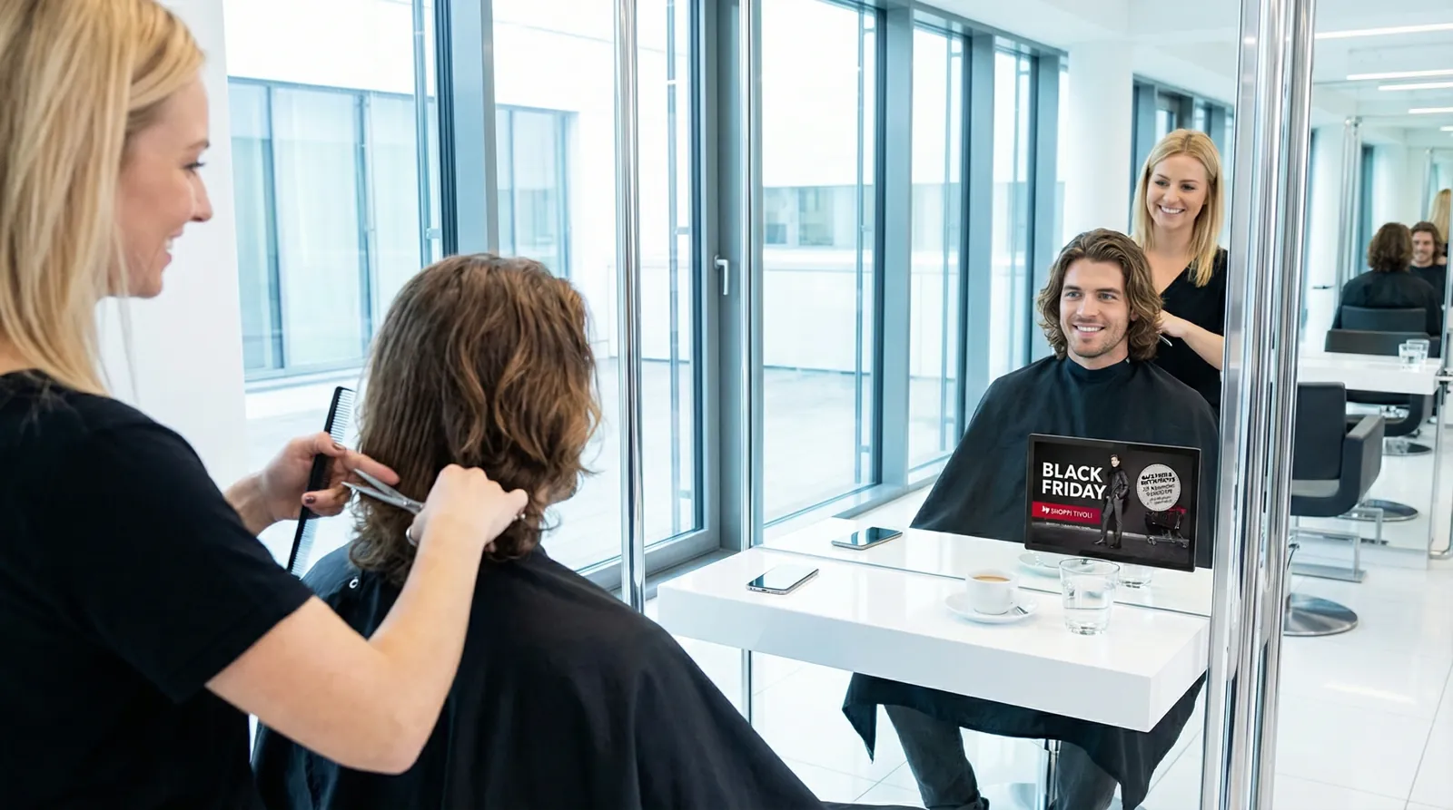 Mann, 30 im Coiffeursalon, auf dem Screen der Spot von Shoppi Tivoli