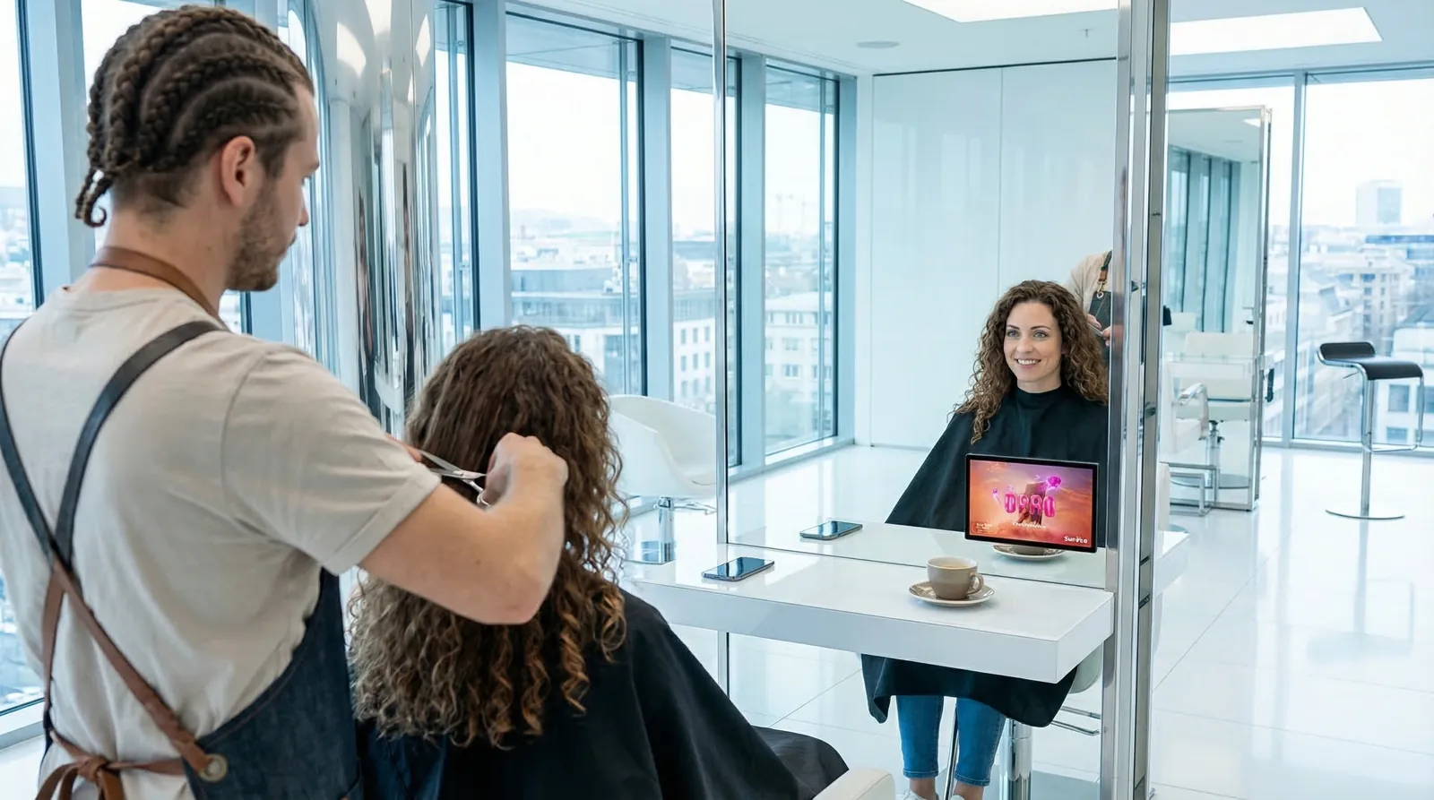 Frau, 30 im Coiffeursalon, auf dem Screen der Spot von Sunrise