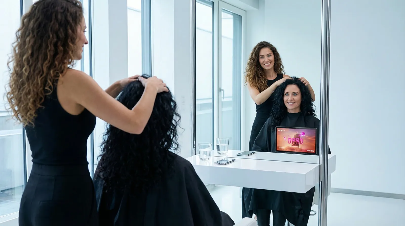 Frau, 40 im Coiffeursalon, auf dem Screen der Spot von Sunrise