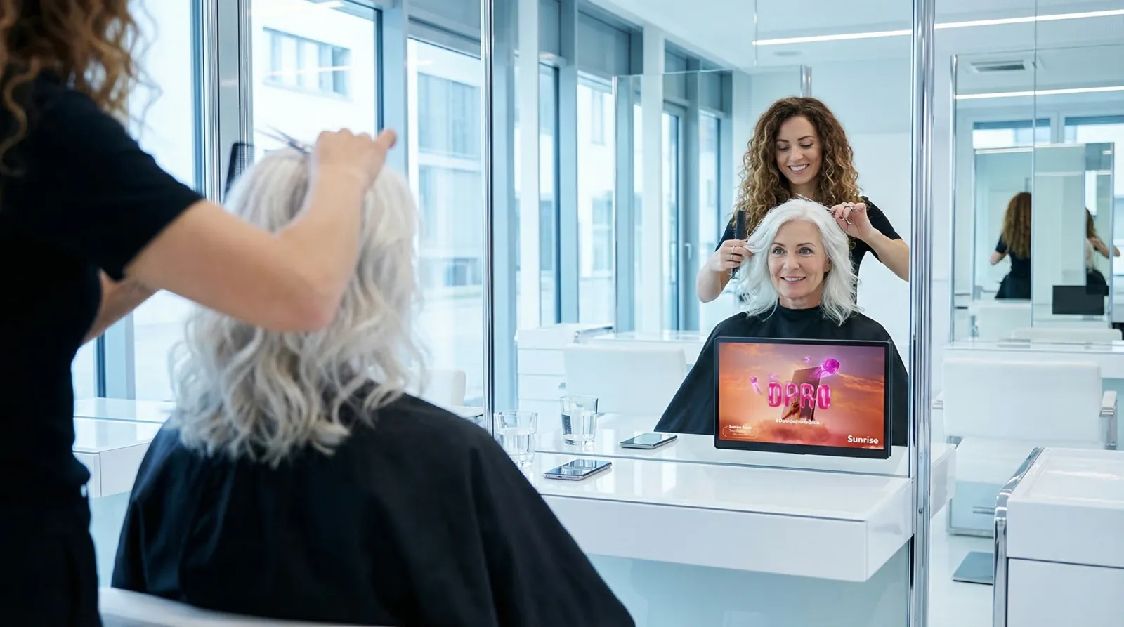 Frau, 50 im Coiffeursalon, auf dem Screen der Spot von Sunrise