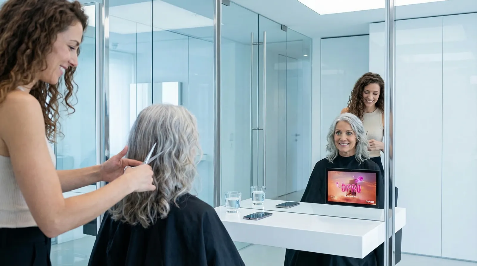 Frau, 60 im Coiffeursalon, auf dem Screen der Spot von Sunrise