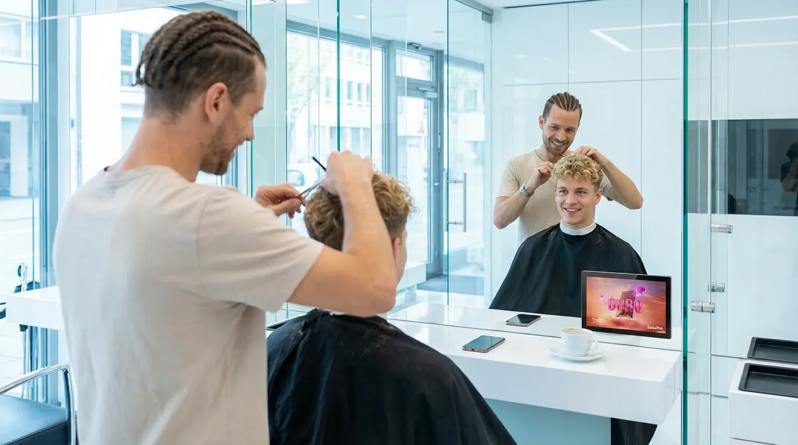 Mann, 20 im Coiffeursalon, auf dem Screen der Spot von Sunrise