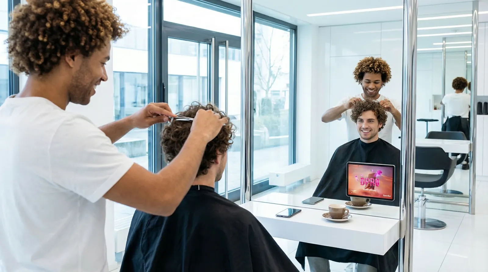 Mann, 30 im Coiffeursalon, auf dem Screen der Spot von Sunrise